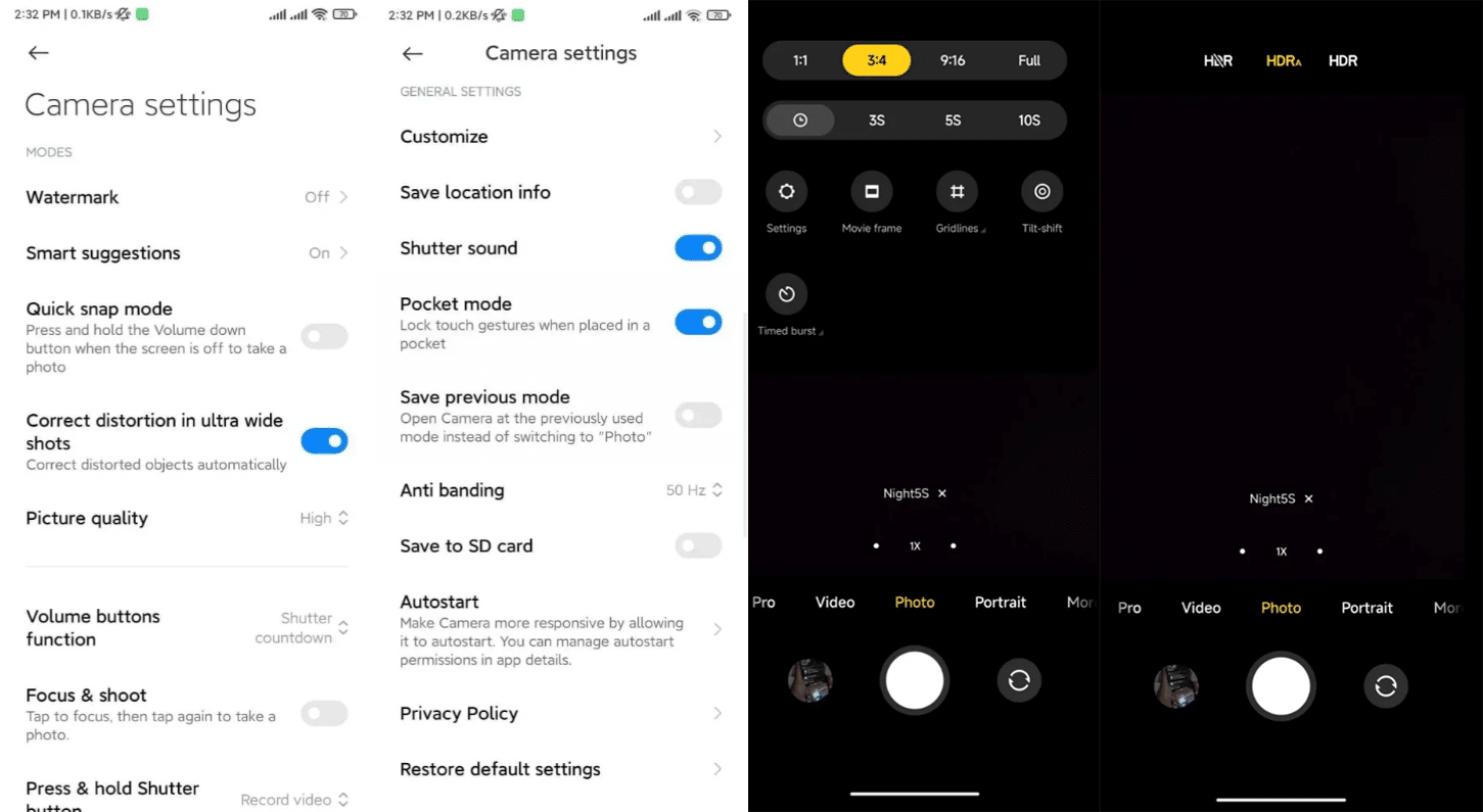 Android smartphone camera settings