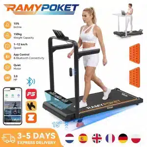 RAMYPOKET Összecsukható futópad kapaszkodóval, 15% dőlésszög, 1-12 km/h sebesség, APP vezérlés, 150kg teherbírás