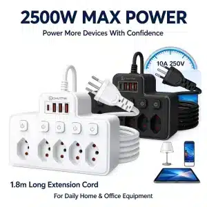 Szwajcarski listwowy przedłużacz z 5 gniazdami AC, 4 portami USB, kablem 1,8 m, 2500 W