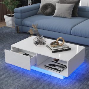 High Gloss LED Side Coffee Table w/ 2 Drawers