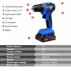 21V Brushless 40NM 2000mAh Electric Drill w/ 5-Piece Bits