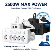 Szwajcarski listwowy przedłużacz z 5 gniazdami AC, 4 portami USB, kablem 1,8 m, 2500 W