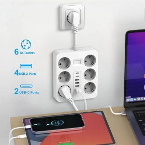 Listwa zasilająca z 6 gniazdami, 4 portami USB, 2 portami Type-C