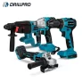 Drillpro 1 Set Electric Wrench+Hammer+Power Drill+Angle Grinder with Two Batteries